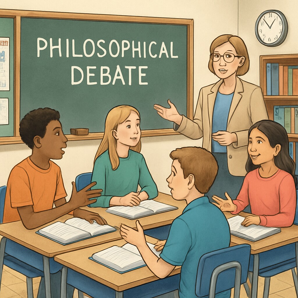 Students in a K12 classroom working collaboratively on a philosophical debate led by a teacher. Students debating philosophical ideas in a classroom