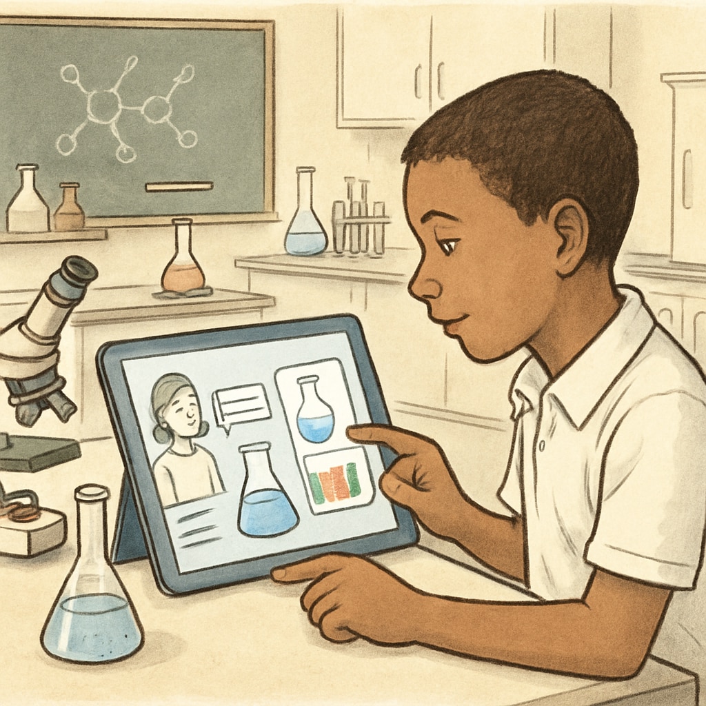 A student using a tablet in a science lab, engaging with virtual simulations designed to support English learners. Student using technology to enhance science learning for English learners.
