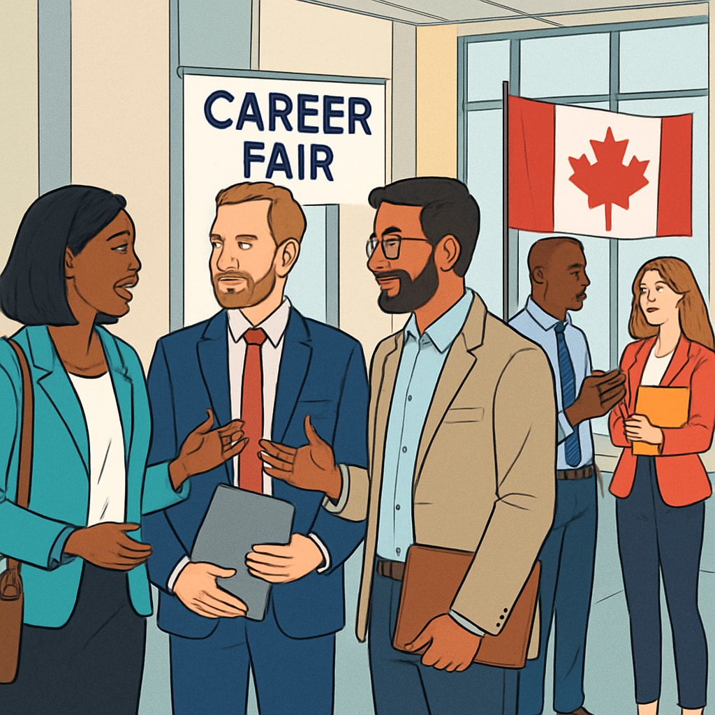 A group of professionals networking and sharing advice at a career fair in Canada. Networking event in Canada where professionals discuss career development and resume tips.