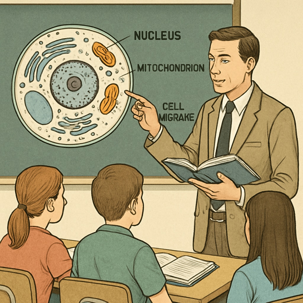 A classroom setting where a teacher explains a biology concept using a model. Teacher explaining biology concepts in a classroom to illustrate the transition from biology to education master's.