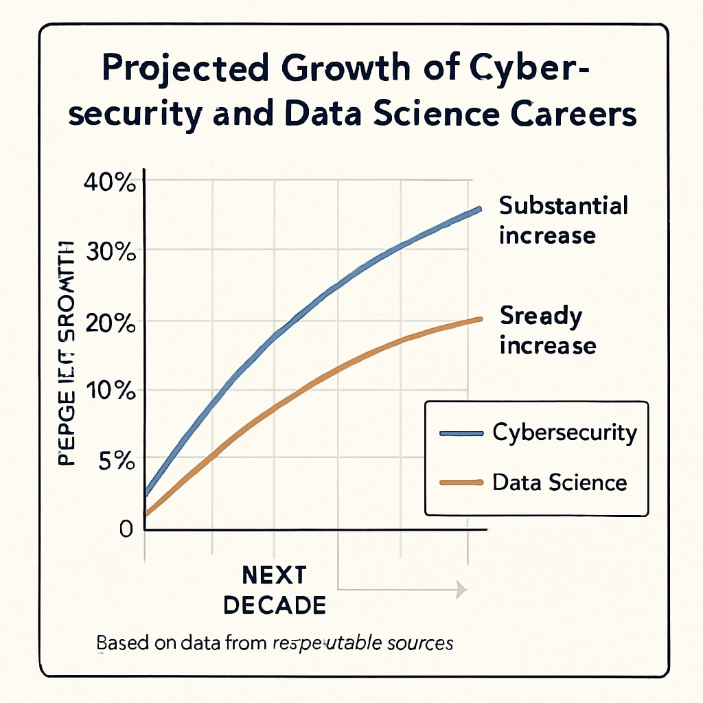 A chart showing the projected growth of cybersecurity and data science careers over the next decade, based on data from reputable sources. Career growth projections for cybersecurity and data science fields.