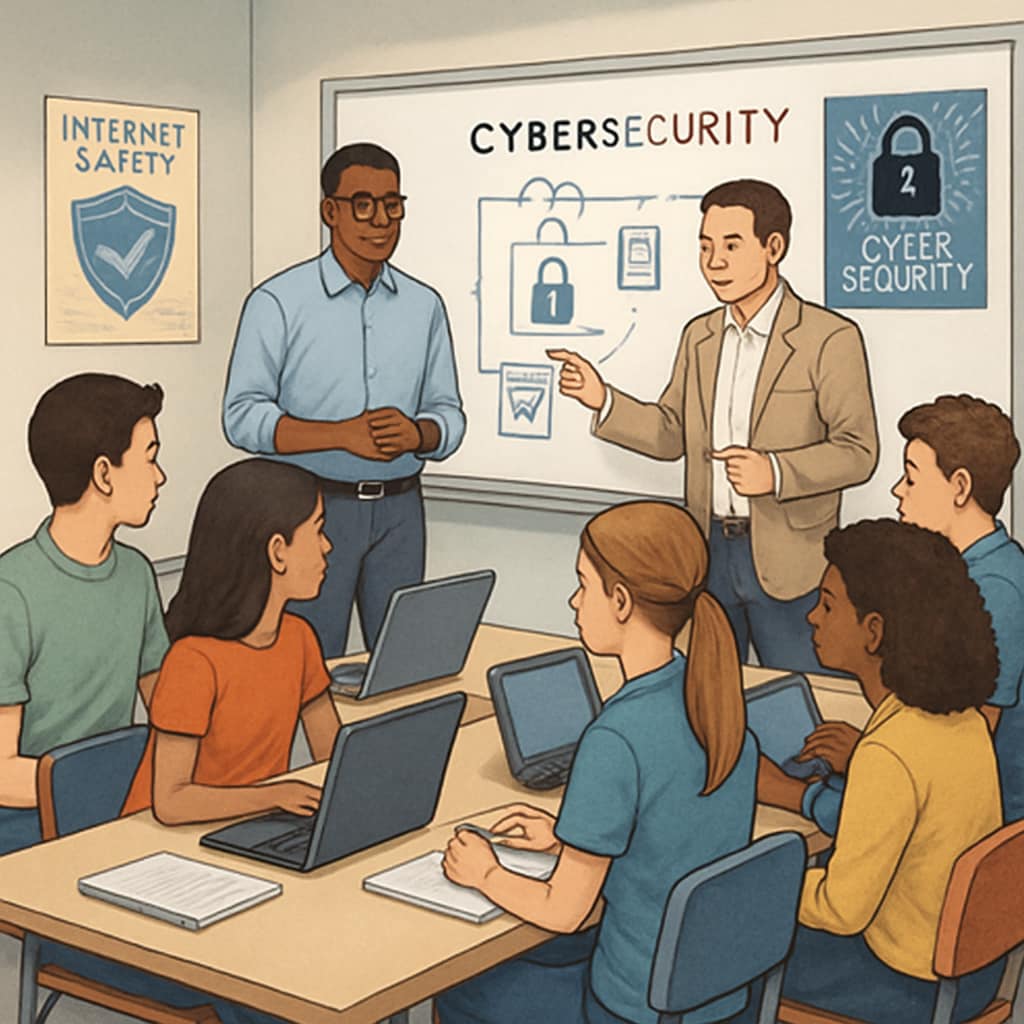 A group of high school students participating in a cybersecurity workshop, engaging with professionals to learn about the field. High school students in a cybersecurity workshop.
