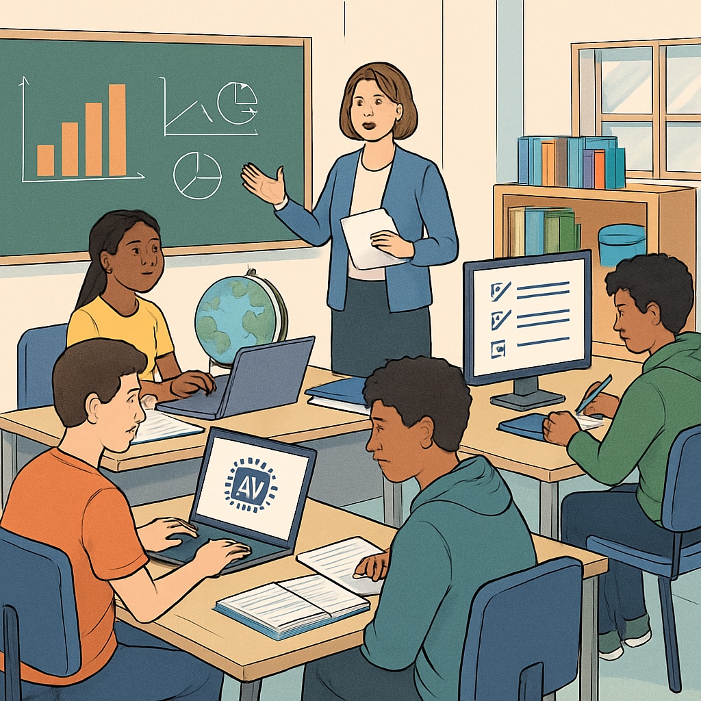 A modern classroom setting where students are engaging in project-based assessments using AI tools, showcasing the shift towards innovative evaluation methods in education. Students using AI tools for project-based assessment in education