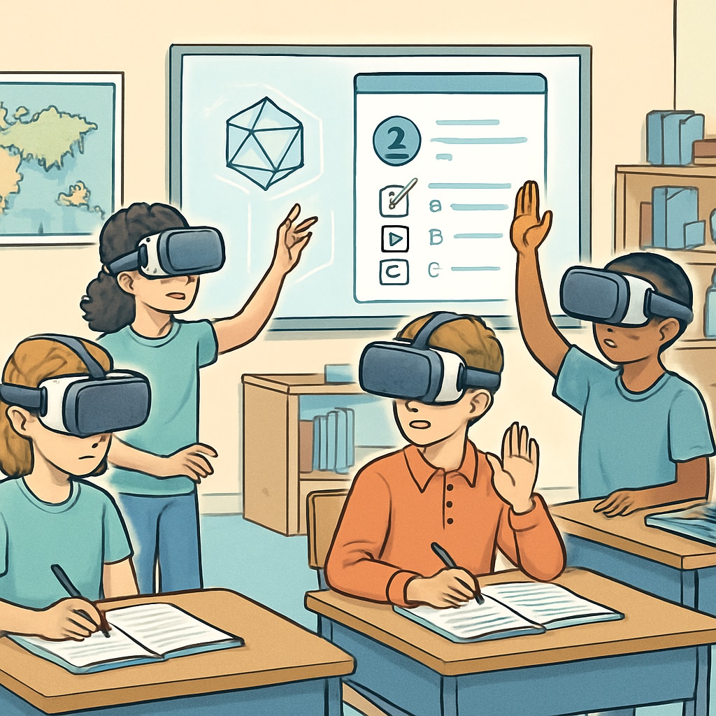 Students participating in VR-based exams to test creativity and collaboration.
