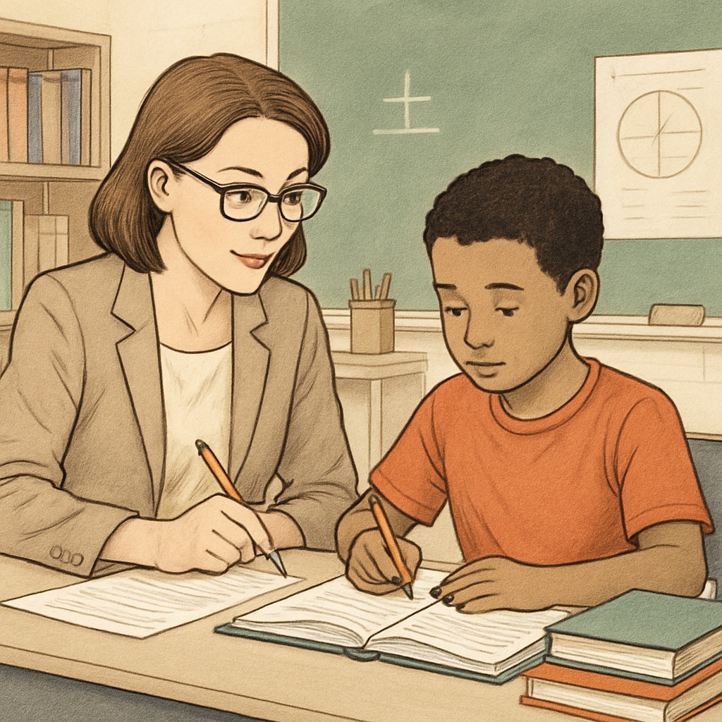 A teacher rigorously guiding a student, illustrating the balance between strictness and care in education.