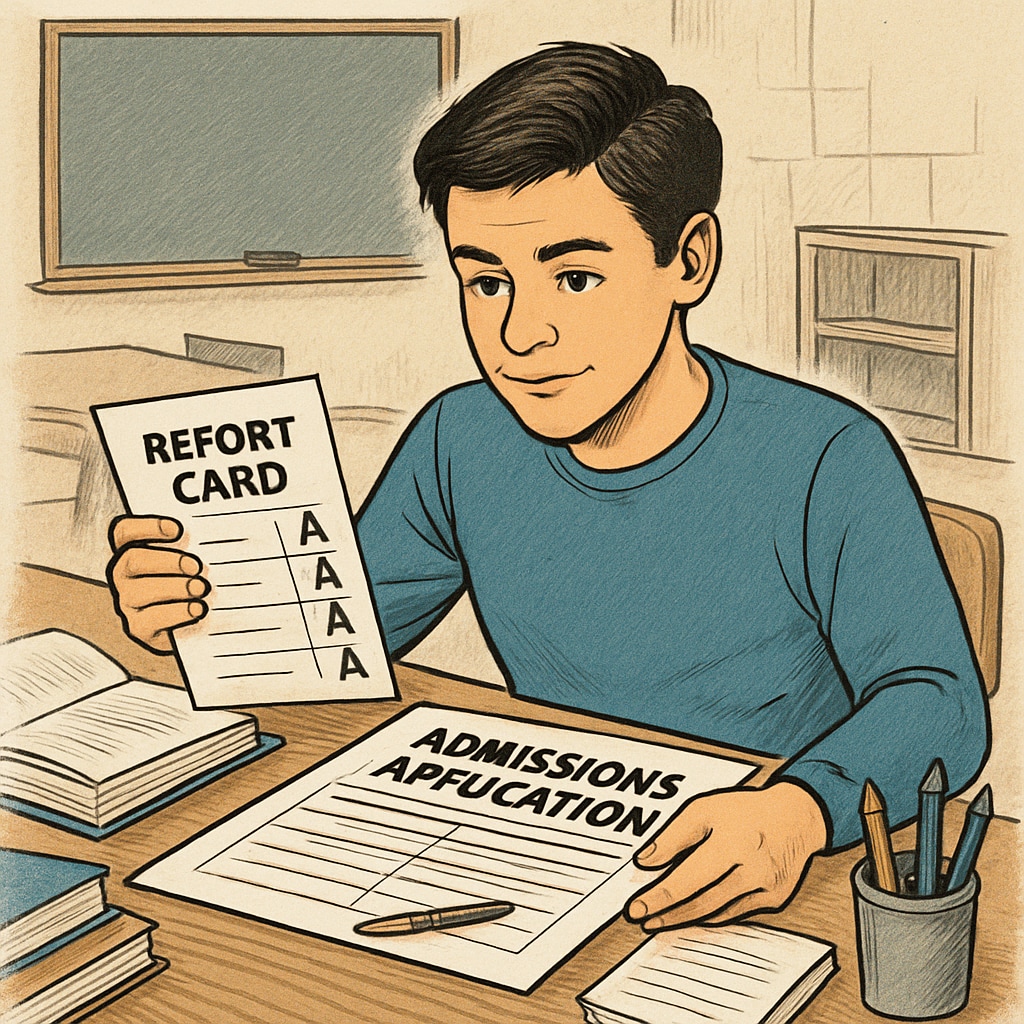 Student reviewing college application with grades, related to Harvard admissions standards.