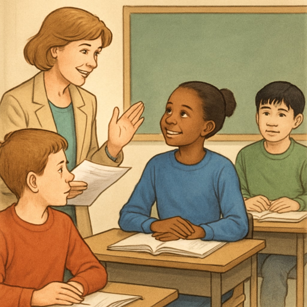 A teacher providing caring feedback to students, reinforcing the nurturing aspect of education.