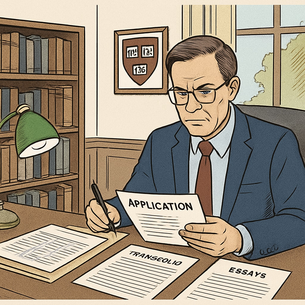 Admissions officer evaluating an application in a holistic manner, related to Harvard admissions standards.