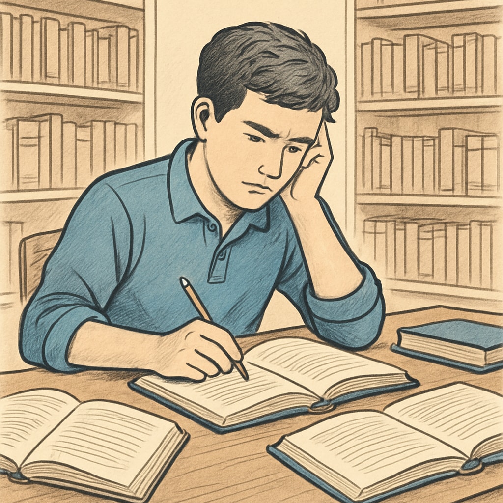 Student studying in a library, representing effort and lifelong learning.