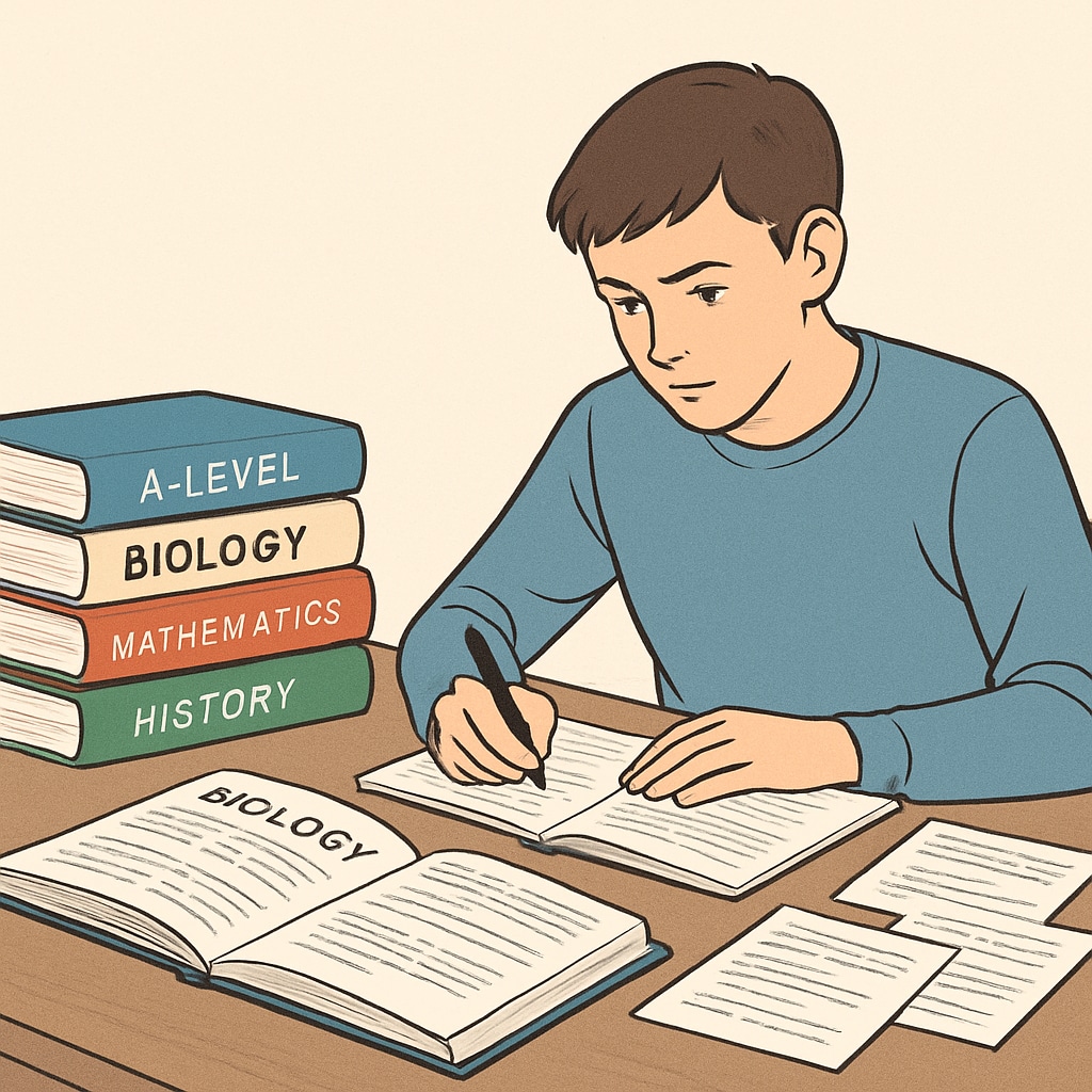 A student revising for A-Level exams at a desk, surrounded by textbooks and notes. A-Level exam preparation with textbooks, notes, and focused study.