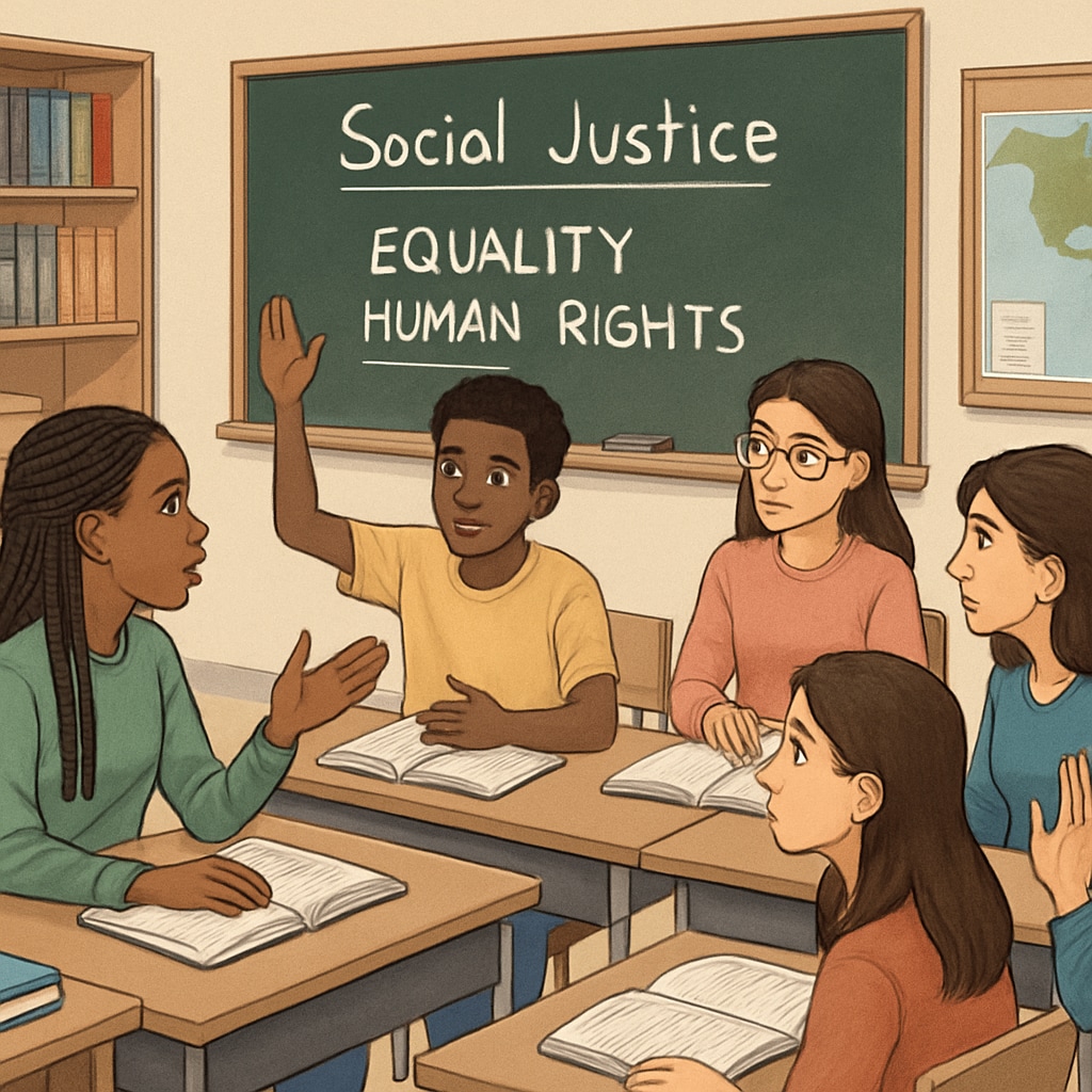 A classroom discussion with diverse students engaging in a debate about social justice topics. Students discussing social justice topics in a classroom setting as part of campus wokeness.