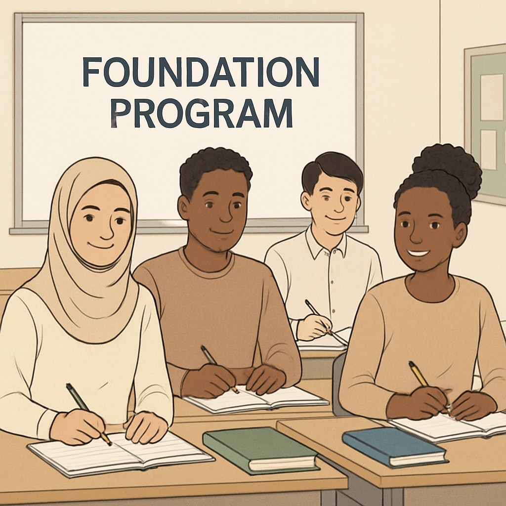 A diverse group of international students attending a foundation program class. Students in a foundation program class discussing academic topics.