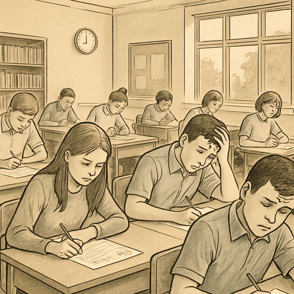 Students taking GCSE exams, illustrating academic stress.