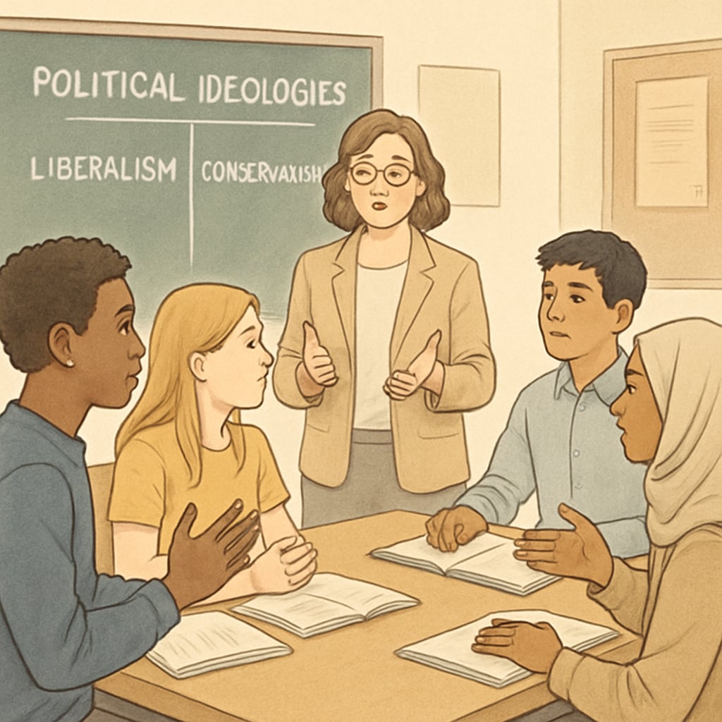 A teacher guiding a diverse group of students in a balanced discussion about political ideologies. A teacher facilitating a discussion on political ideologies in a classroom setting.