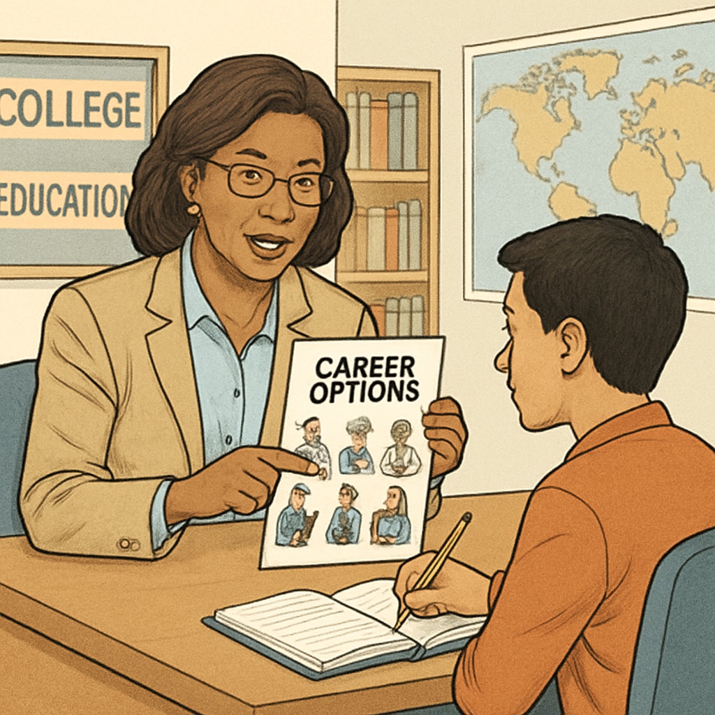 Career planning beyond GCSE results, featuring a student and counselor.