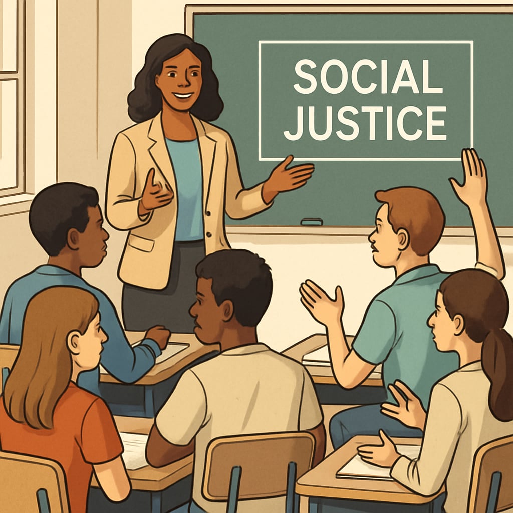 Students discussing social justice in a classroom setting, illustrating wokeness in schools.
