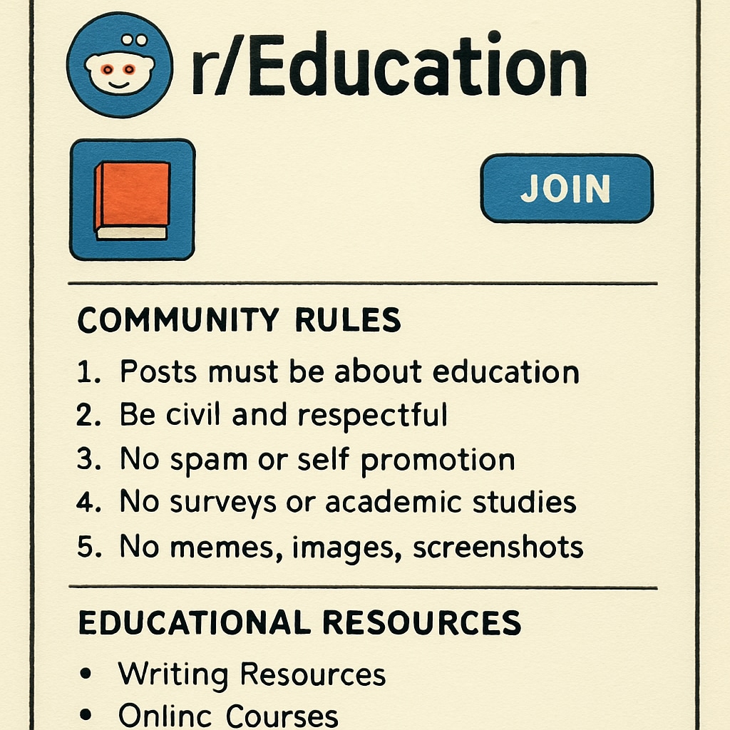 r/Education subreddit front page with visible community rules and resources sidebar.