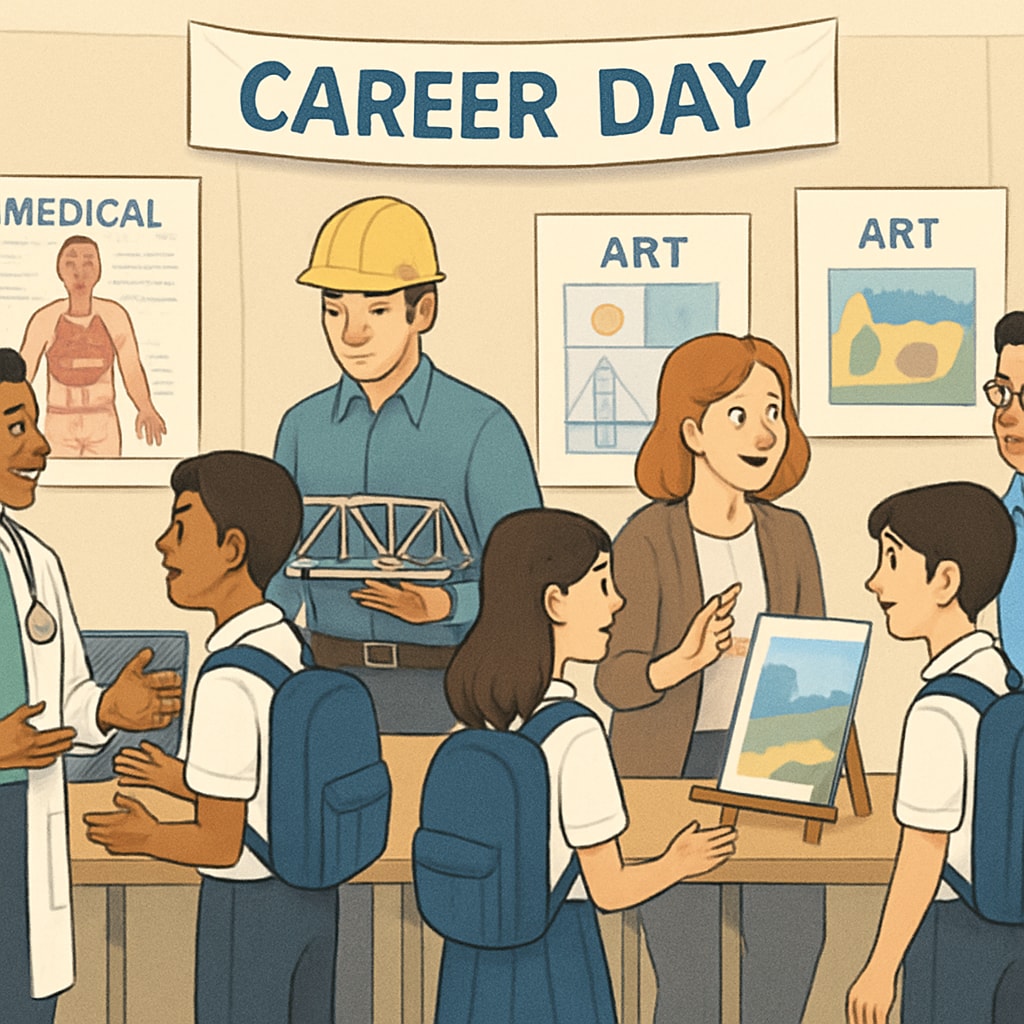Students interacting with professionals at a school career day