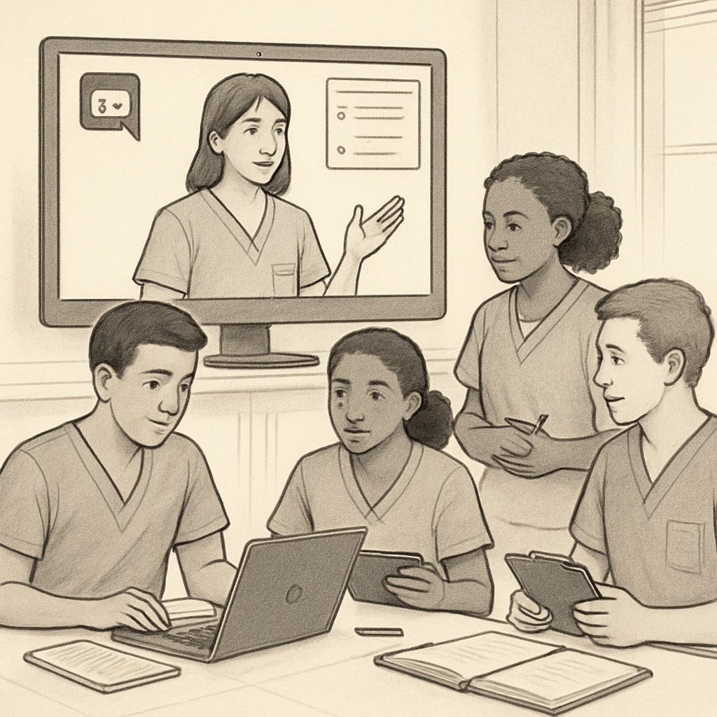 A group of nursing students engaged in an online study session via Discord, showcasing collaboration and digital tools. Nursing students using Discord for study sessions and collaborative learning.