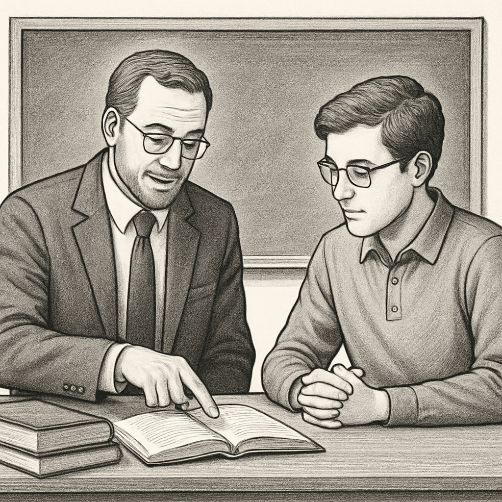 Professor discussing academic work with a student in a classroom setting.