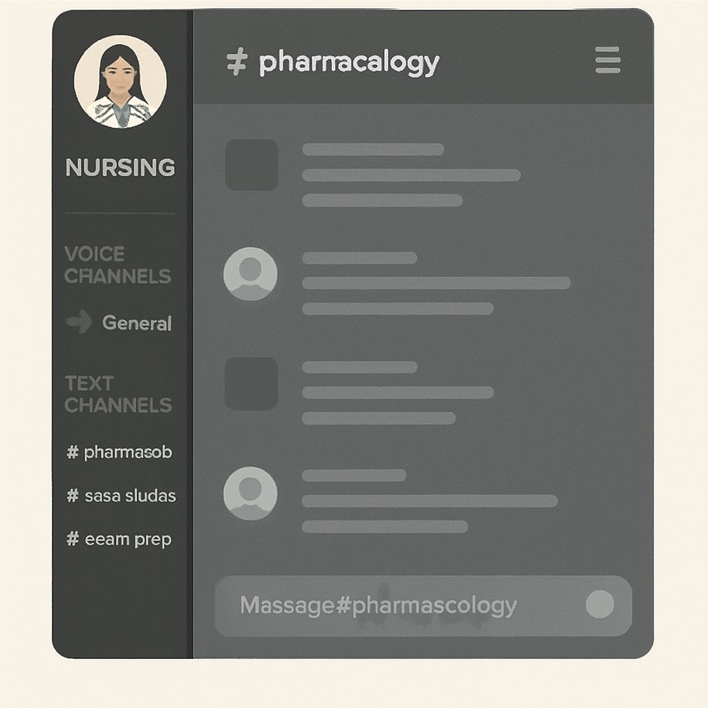A Discord server screenshot showing nursing-related channels like Discord server interface with nursing education channels for collaborative learning.