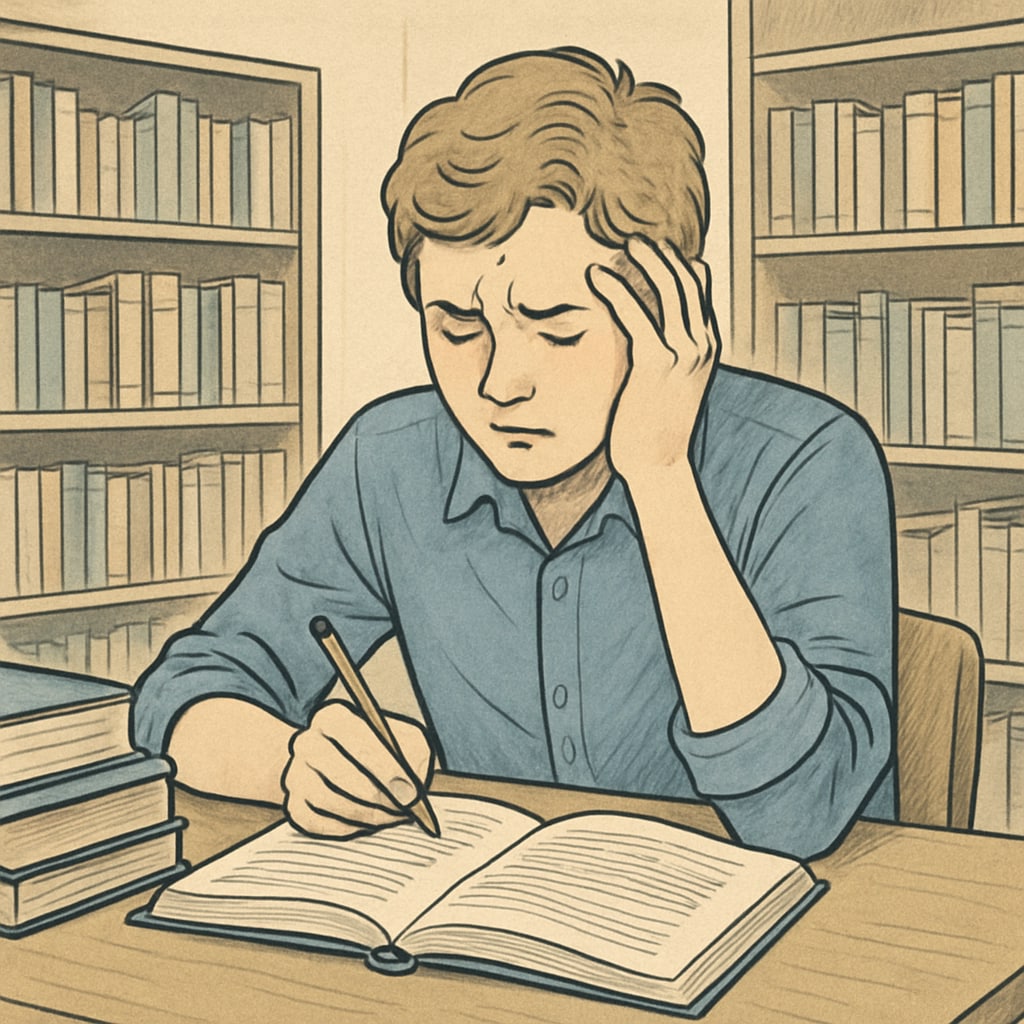 Student reviewing academic work in a library, appearing stressed.