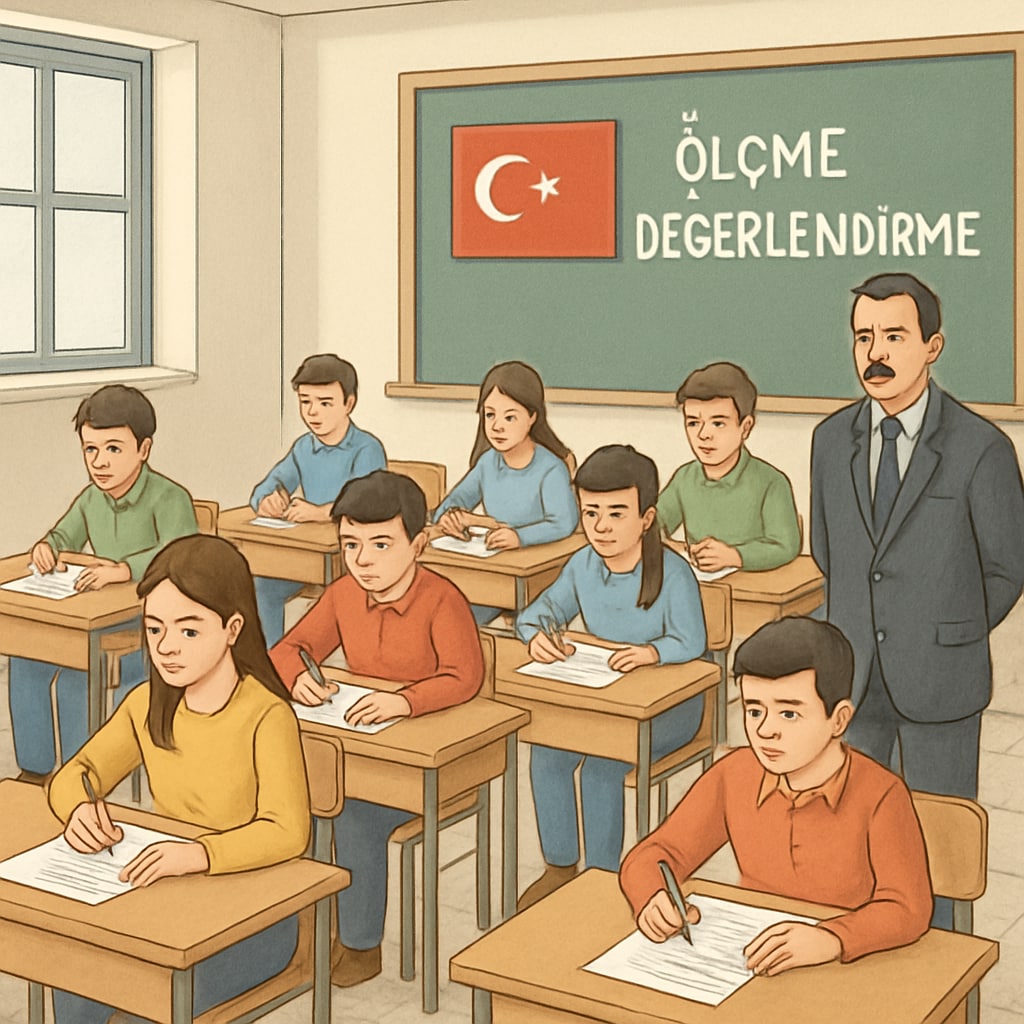 Turkish students in an exam setting, representing the centralized exam model.