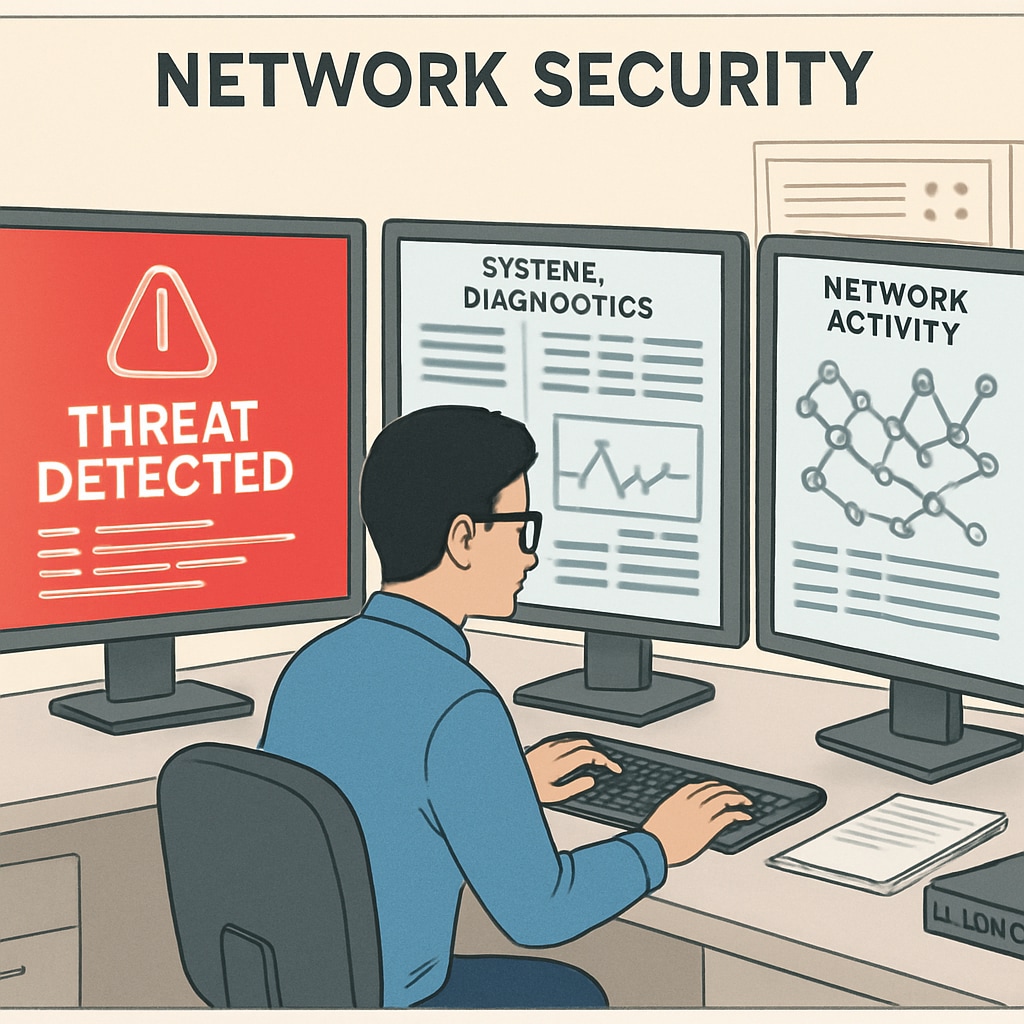 Cybersecurity professional analyzing network threats.