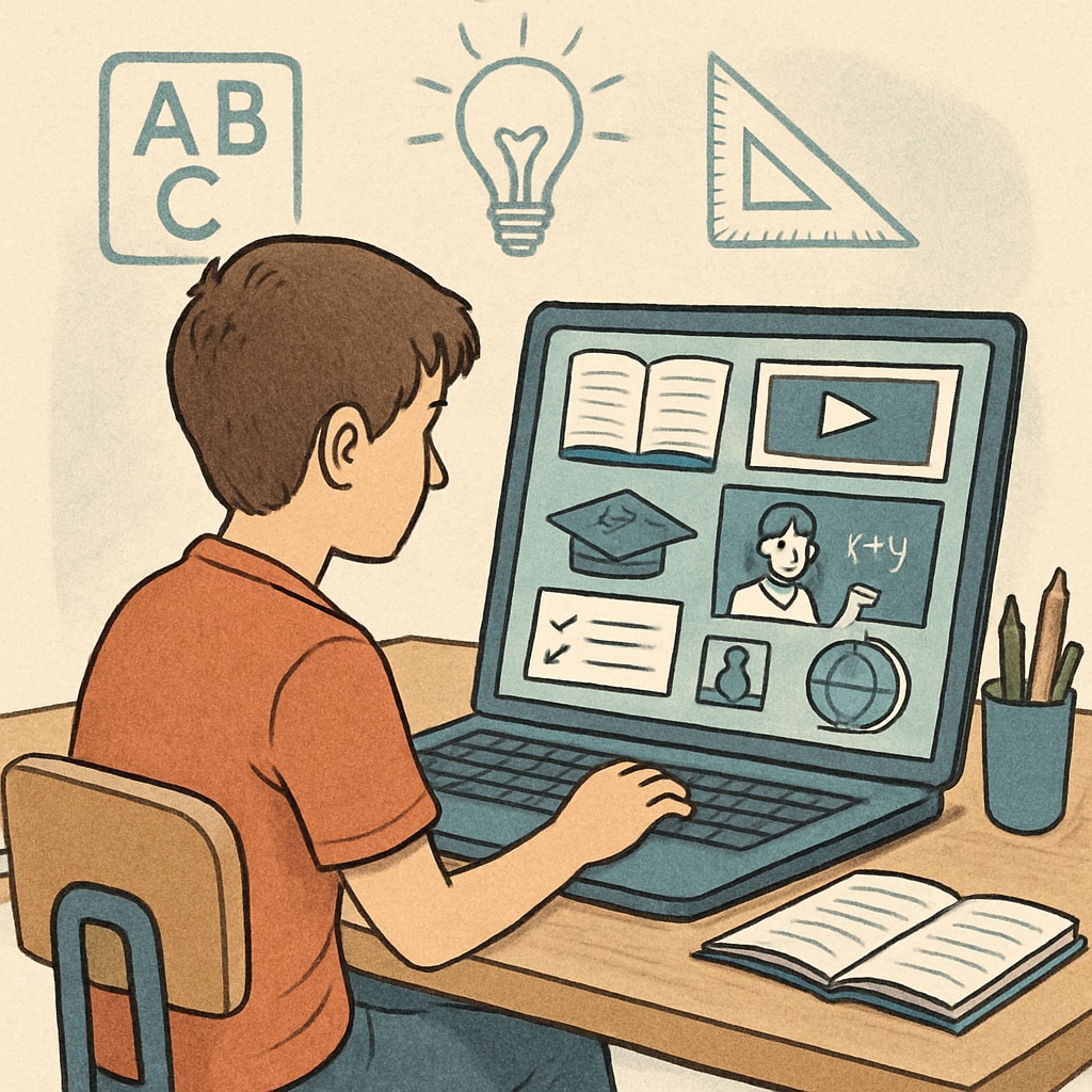 A student studying on a laptop with various educational tools open on the screen, representing online learning platforms. Student studying online using education courses, off-campus learning resources.