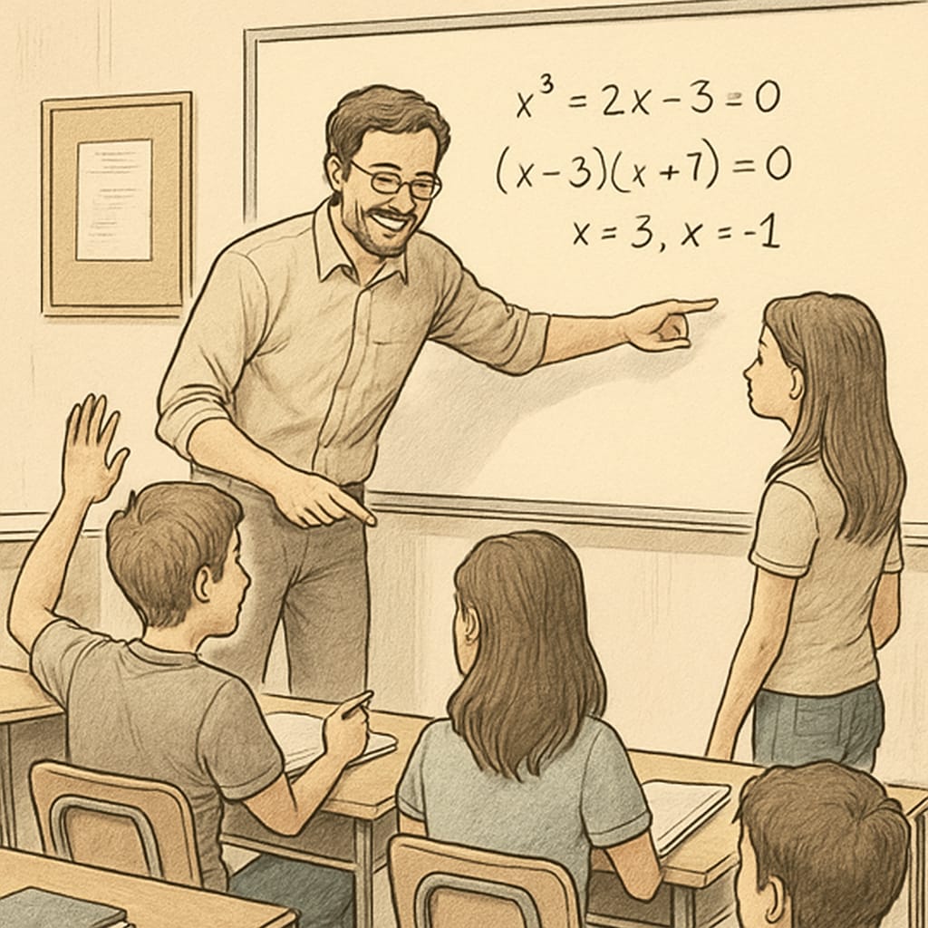 A classroom setting where a tutor is assisting high school students with a math problem on a whiteboard, representing offline learning. Tutor helping high school students with education courses and off-campus learning resources.