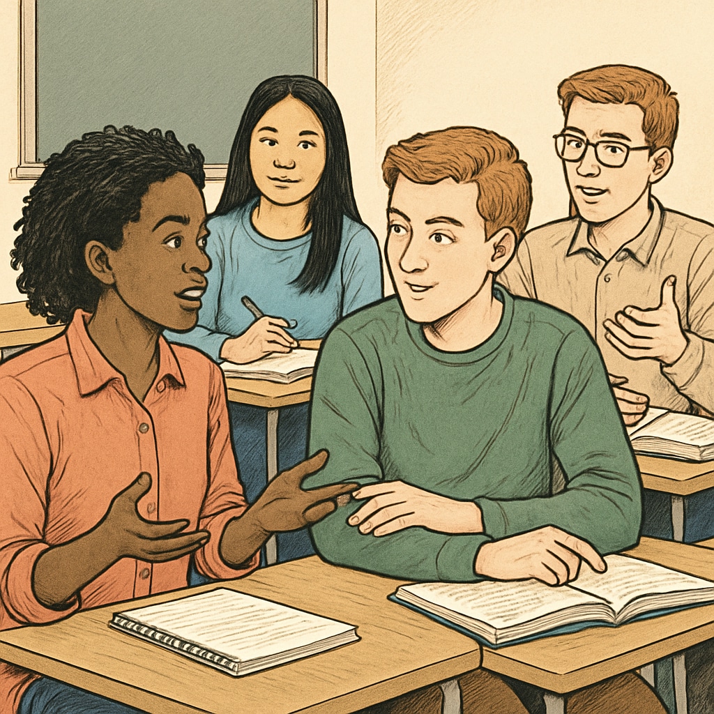 A group of students sitting in a classroom, engaged in a discussion, illustrating education beyond Ivy League branding. Students discussing education beyond Ivy League branding.