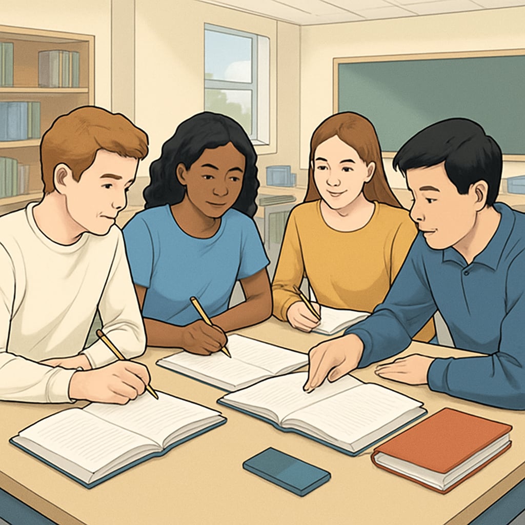 Students in a study group discussing lessons collaboratively at Houston University.