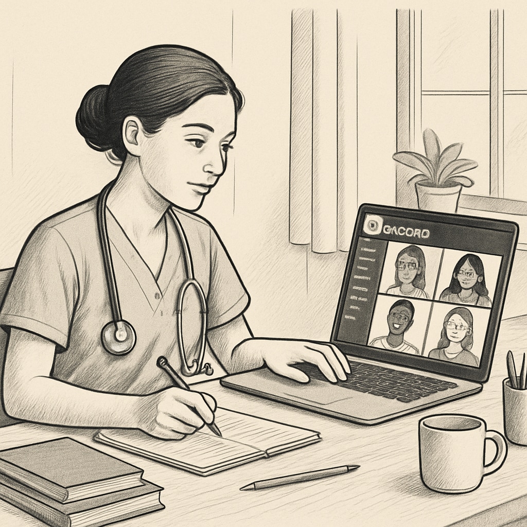 Nursing student engaging with an online study group on Discord via laptop.