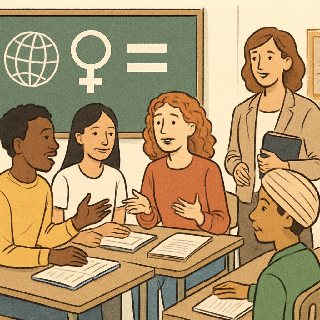 Diverse students discussing social topics in a classroom, illustrating 