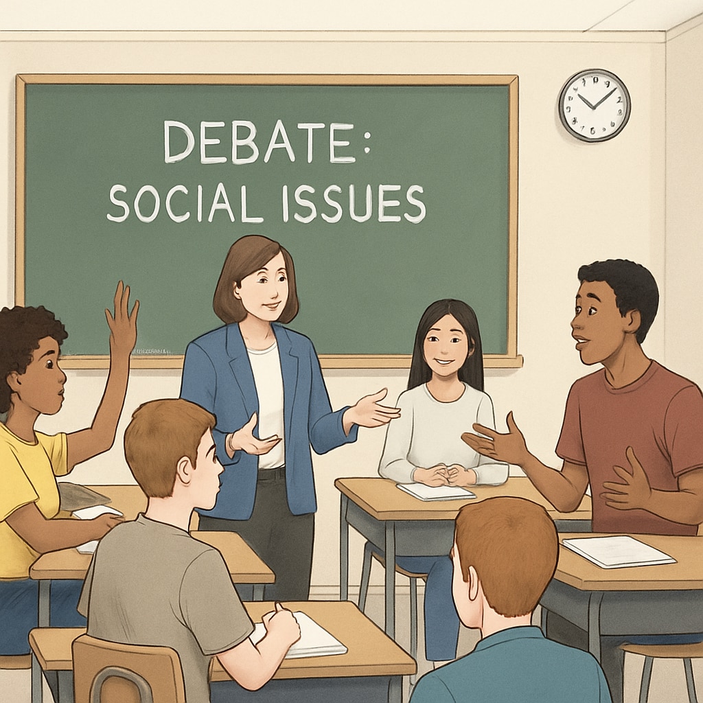 High school students debating social issues in a classroom guided by their teacher.