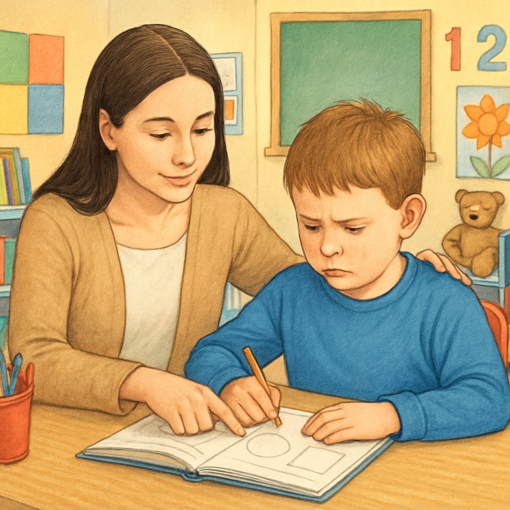 Teacher assistant helping an autistic child in a classroom environment.
