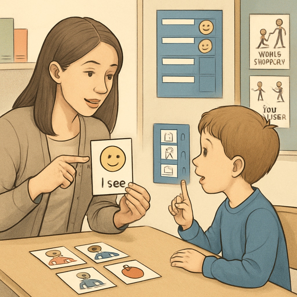 Teacher assistant showing visual aids to an autistic child for better communication.
