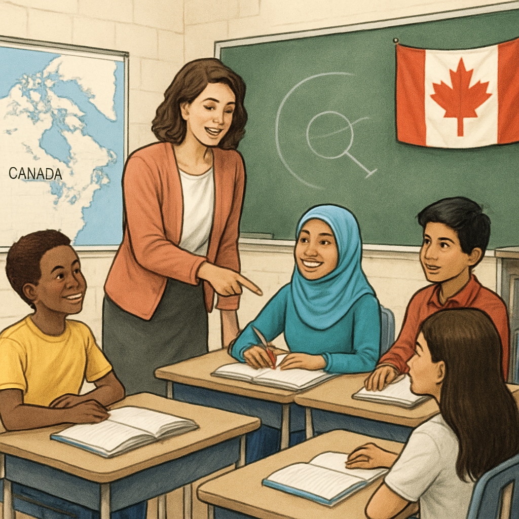 A teacher in a Canadian classroom engaging with diverse students; resume, Canada, help-focused image.