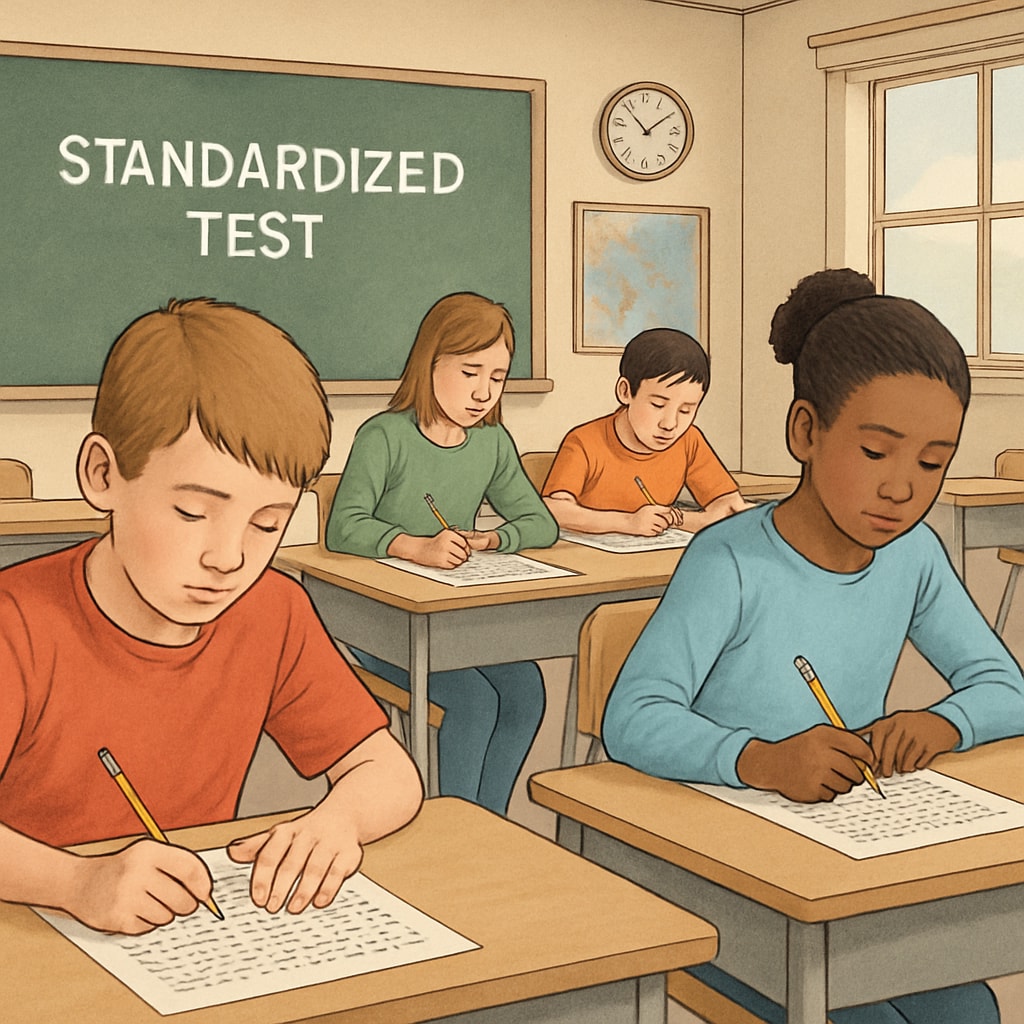 A classroom setting showing students taking a standardized test, illustrating the focus on testing systems in education. Students taking a standardized test in a classroom setting, representing testing in education systems.