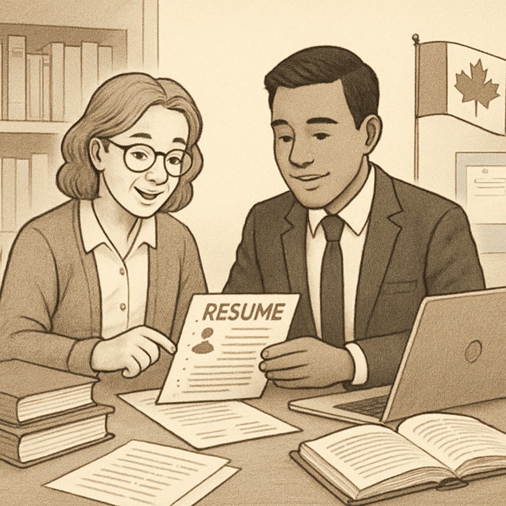 A professional helping an educator with their resume; resume, Canada, help-focused image.