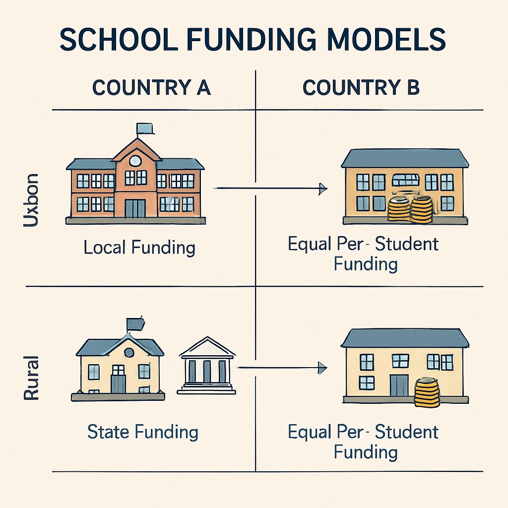A comparison chart showing differences in school funding models between urban and rural areas for both countries. Chart comparing urban and rural school funding models in the U.S. and China, highlighting resource allocation.
