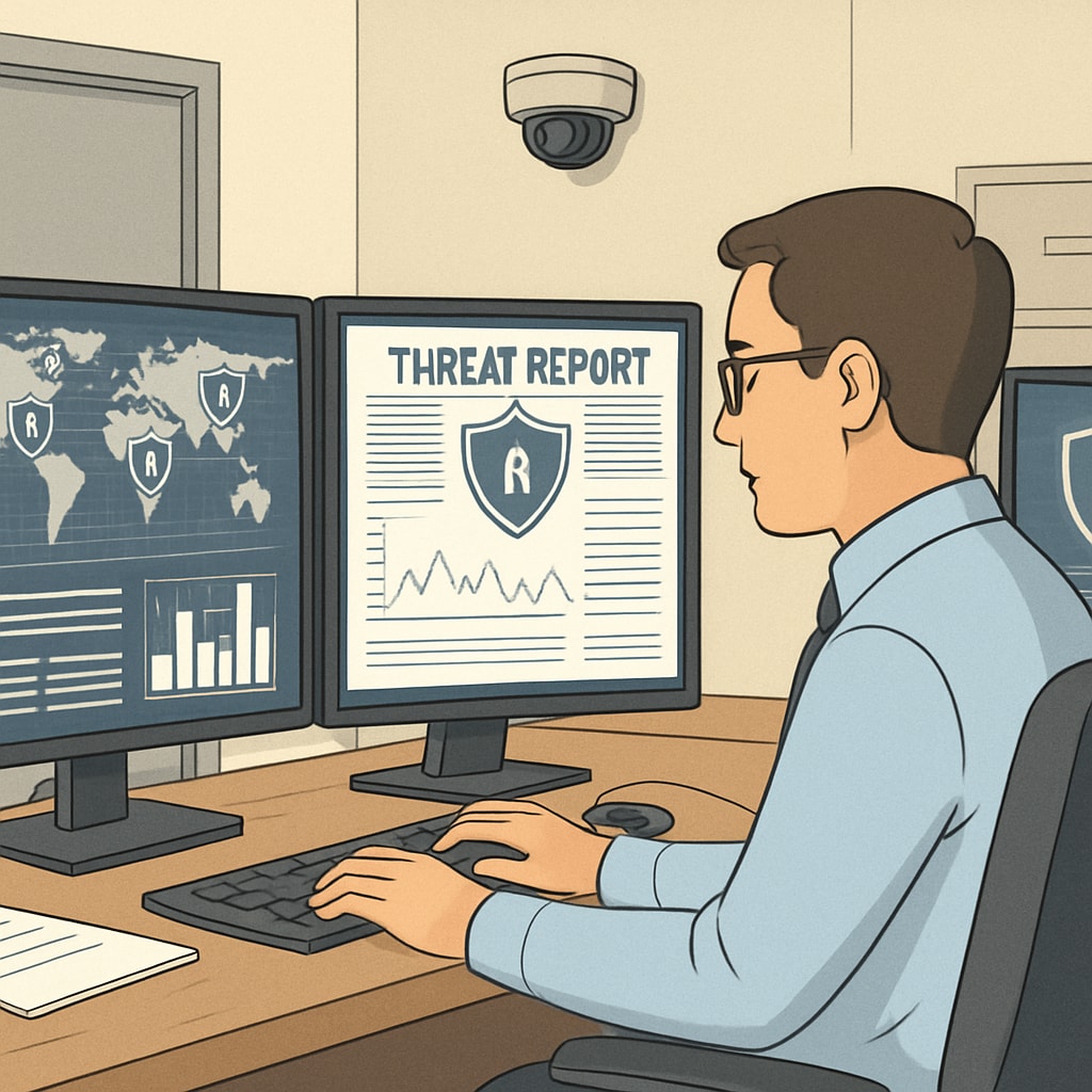 Cybersecurity professional analyzing digital threats and reports in a secure environment.