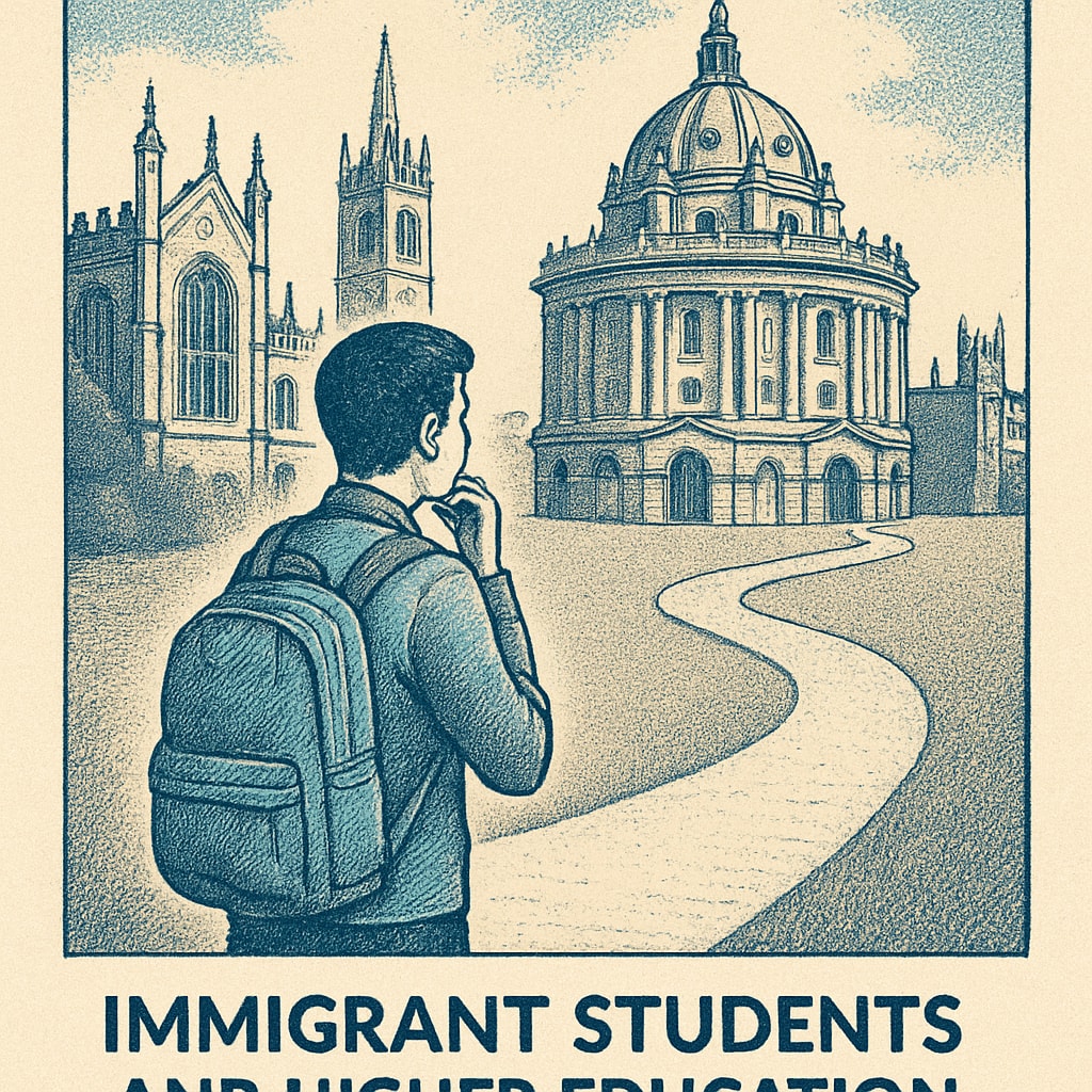 Oxford University campus with a student contemplating educational barriers.