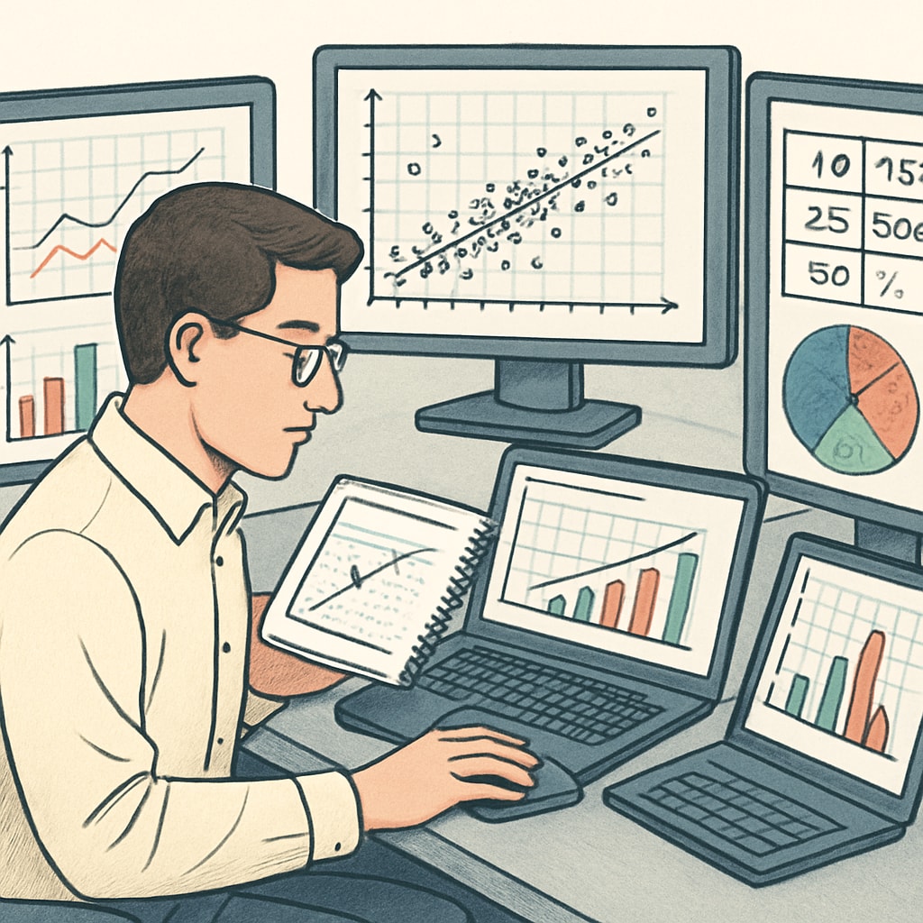 Data scientist analyzing machine learning models with graphs and data visualizations.