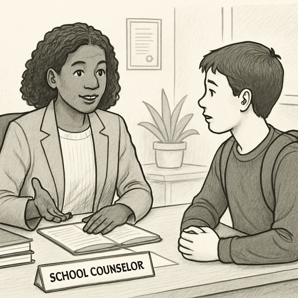 School counselor and student discussing academic and personal growth in a K-12 school setting.