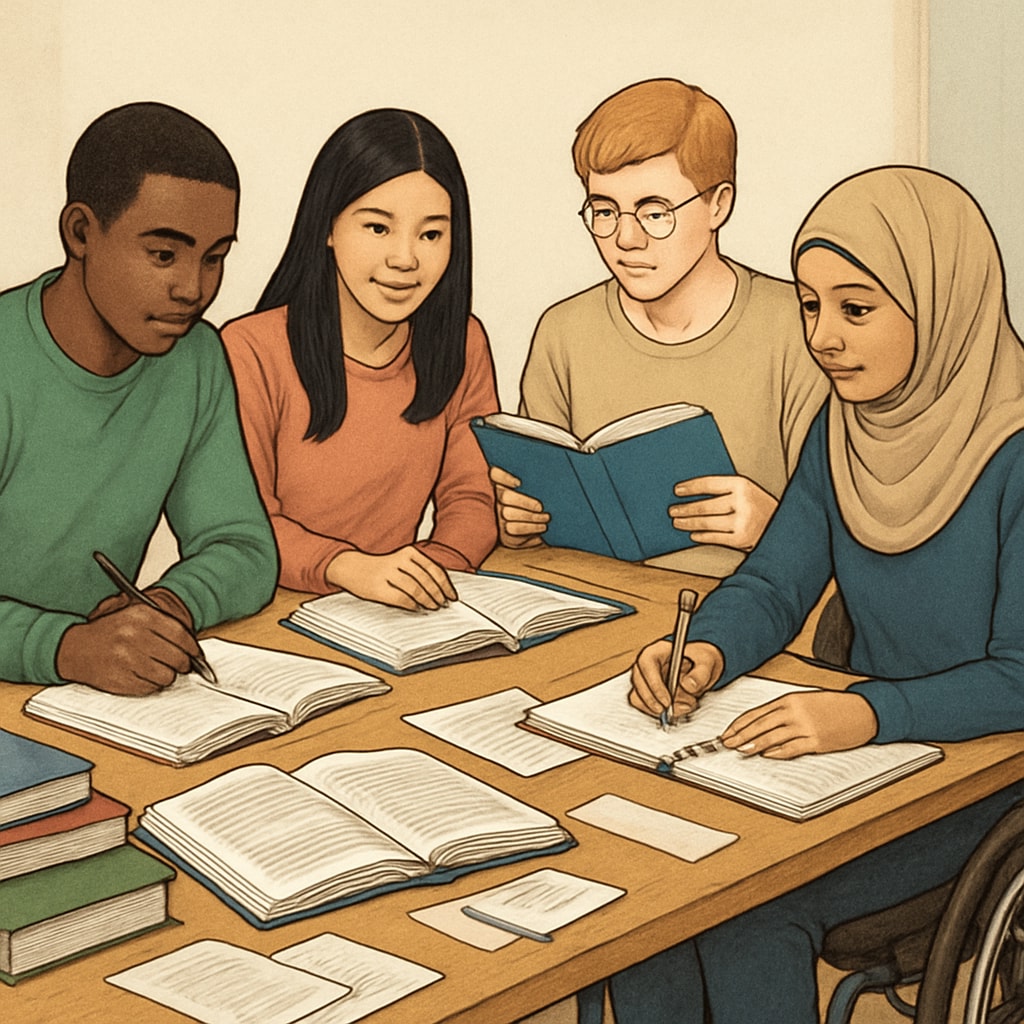 Diverse group of students working collaboratively in a university setting.