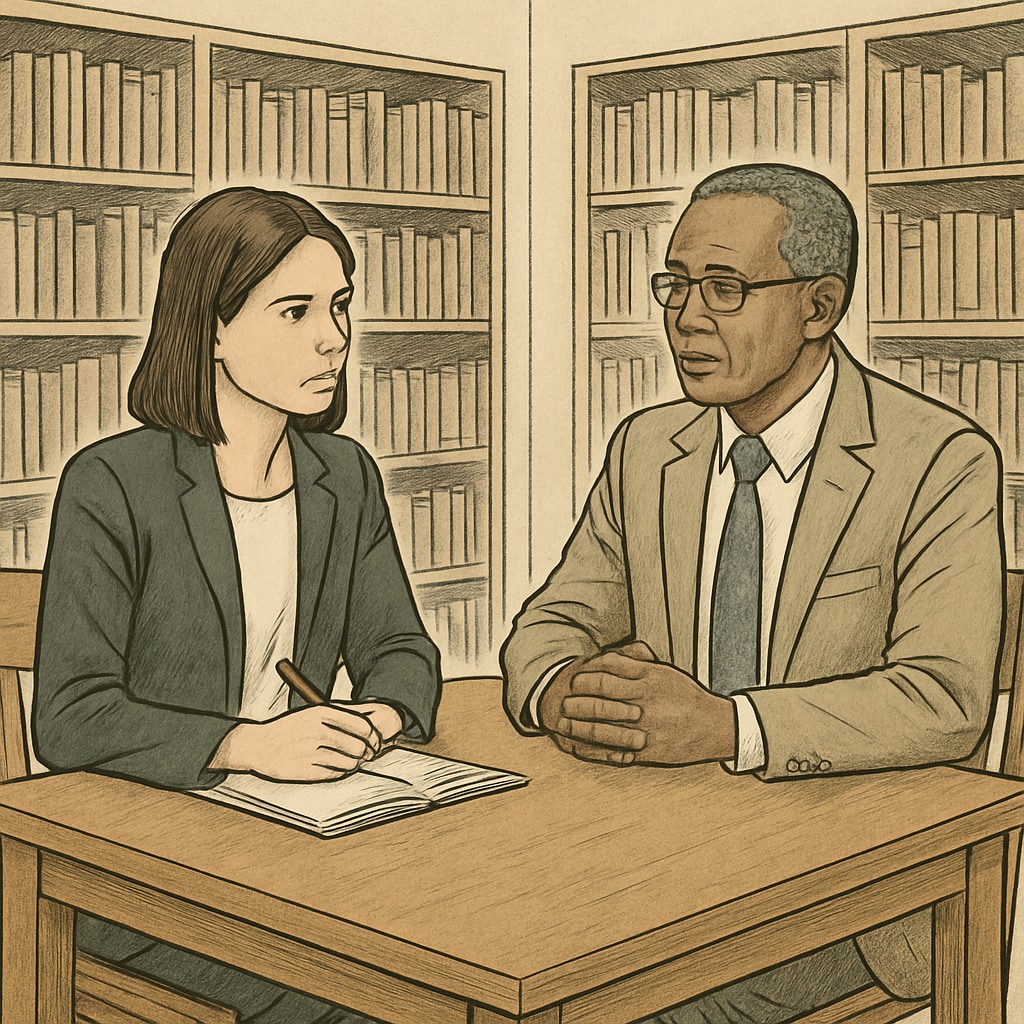 Graduate student interviewing a school counselor for academic research on counseling practices.