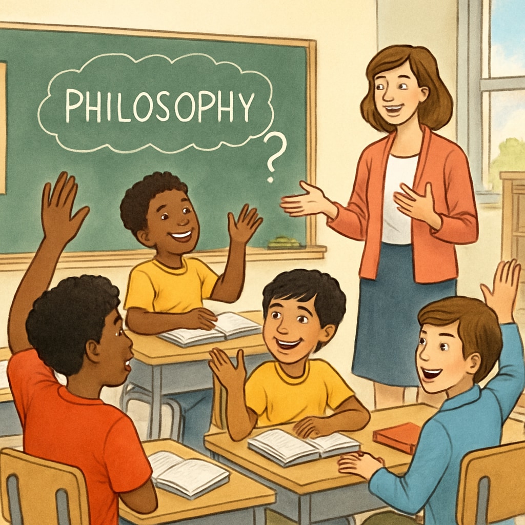 Students discussing philosophical topics with a teacher in a classroom.