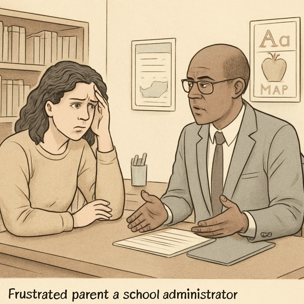 Parent and school administrator discussing school transfer issues.
