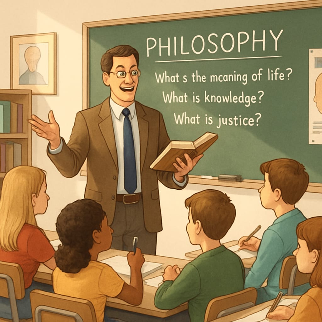 Teacher leading a philosophical discussion with students in an interactive setting.